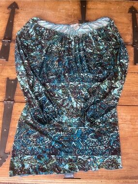 Susan Lawrence Blue Green Black Floral Print Blouse